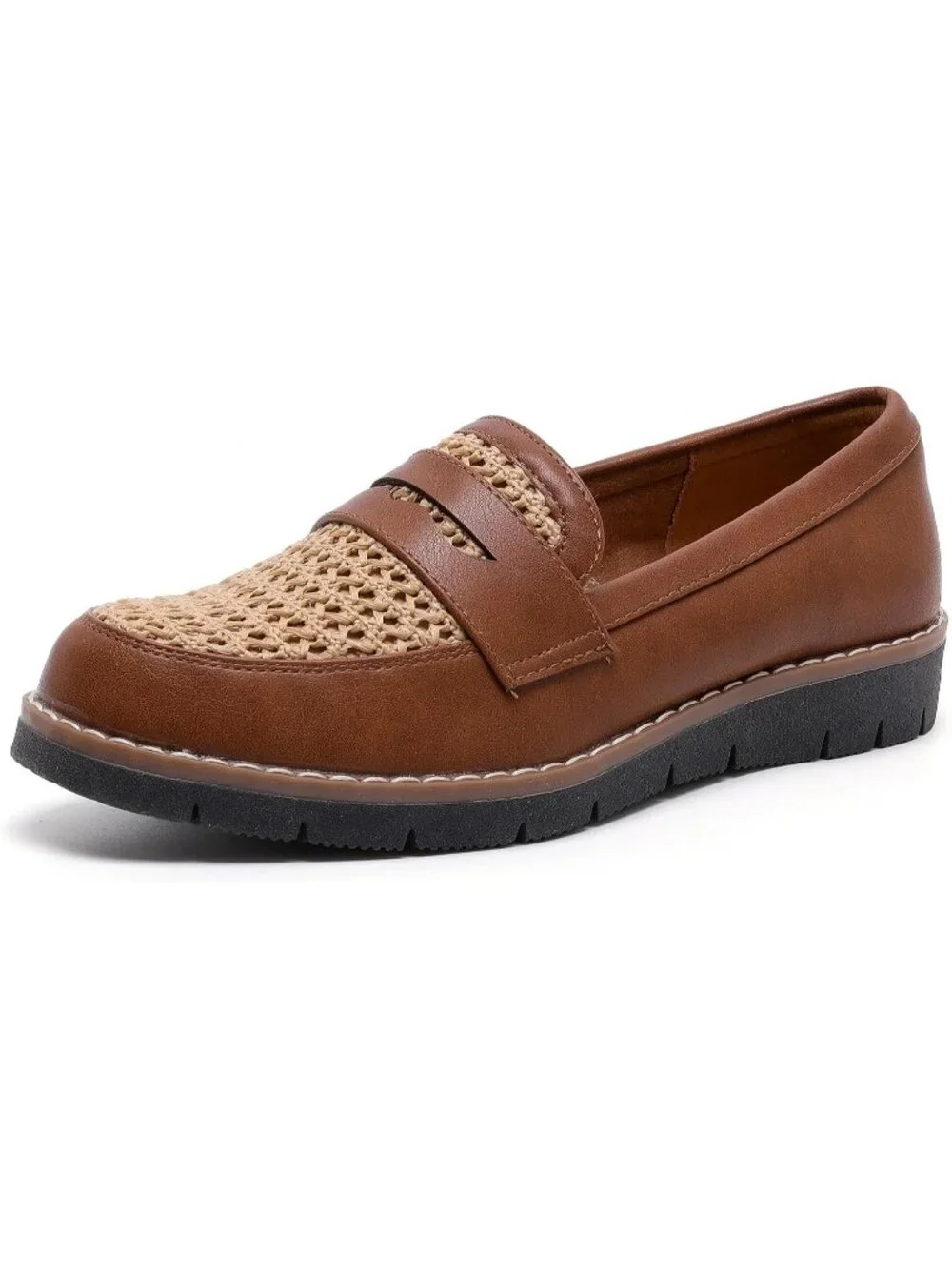 🆕Women's Brown Woven 1 Round Toe Platform Chunky Heeled Loafers Business Shoes